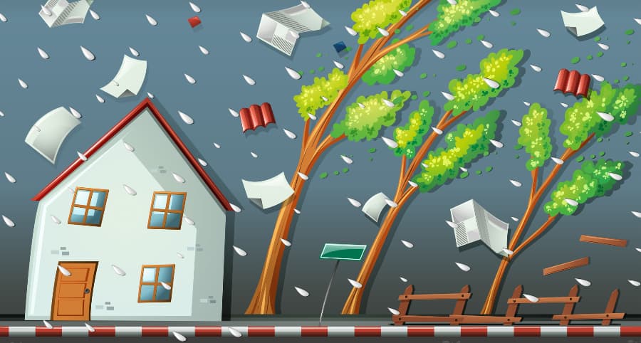 Illustration of a storm impacting a house and the surrounding environs